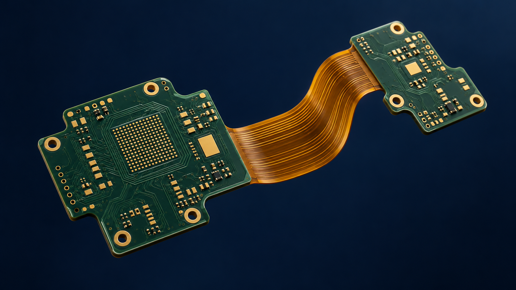 AI concept of two rigid circuit regions connected by an amber flexible span